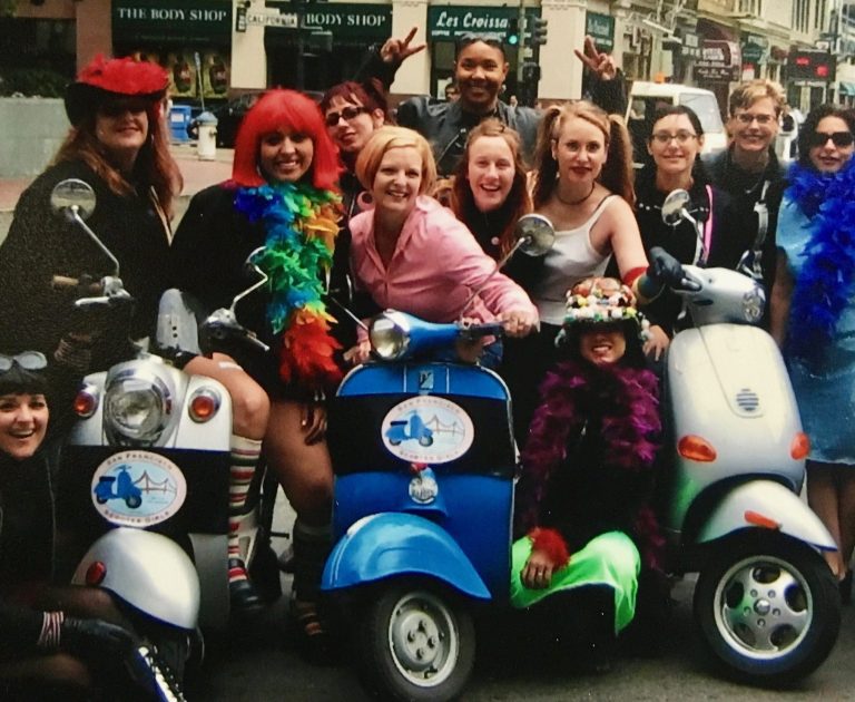 Kate Dana, founder of Scooterella, in 2005 with the San Francisco Scooter Girls during Pride Week, photo ©Kate Dana