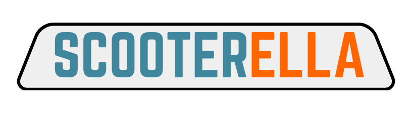 The Scooterella logo on a white background, Scooter is in teal blue and Ella is in orange, ©Kate Dana
